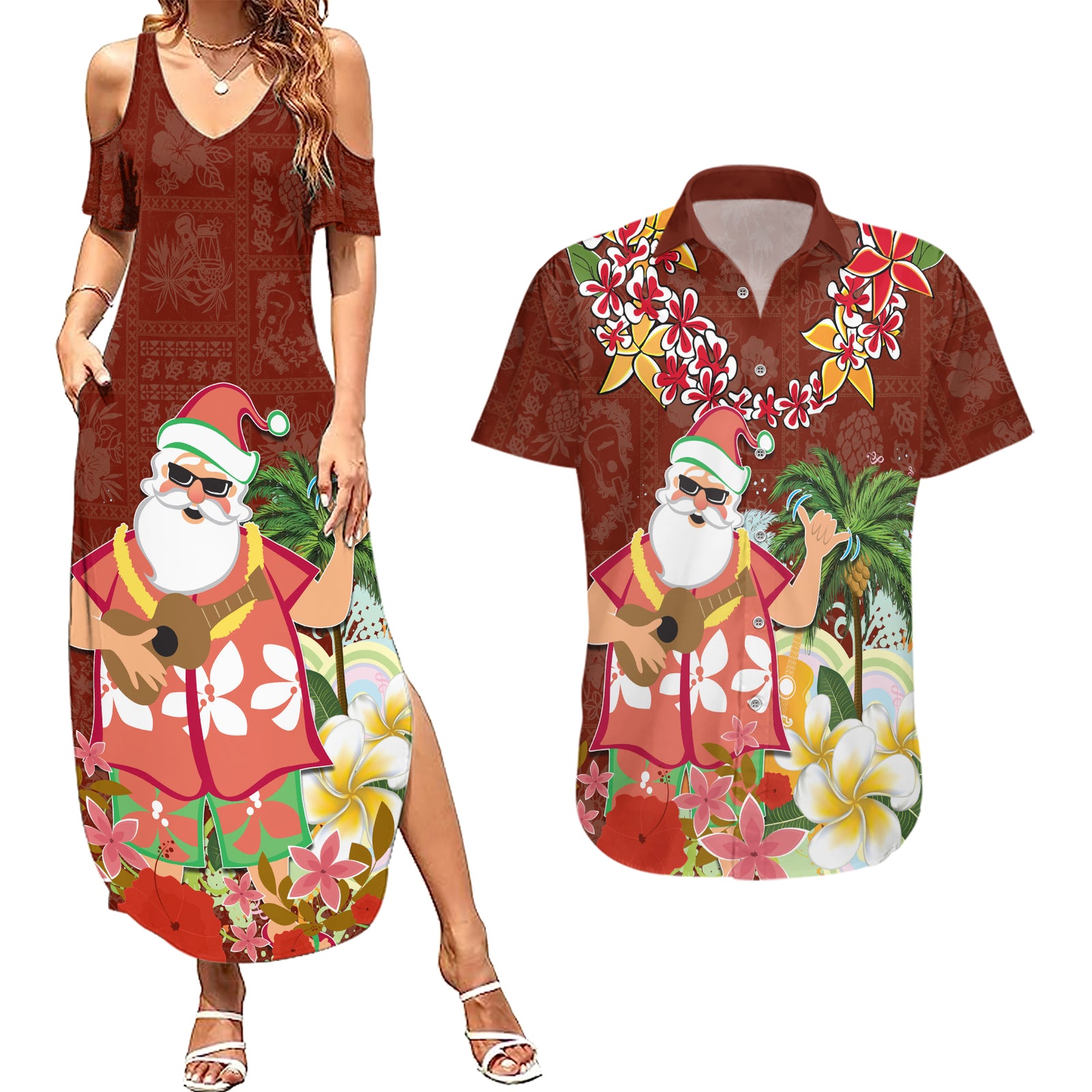 Hawaii Honu Mele Kalikimaka Couples Matching Summer Maxi Dress and Hawaiian Shirt Santa Tropical Flower Aloha Summer Red Version LT03 Red - Polynesian Pride