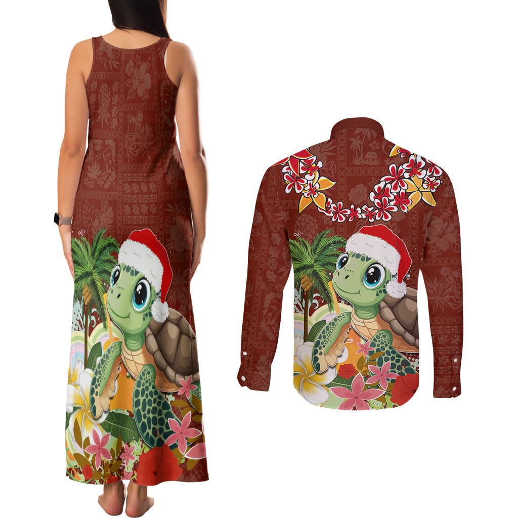 Hawaii Honu Mele Kalikimaka Couples Matching Tank Maxi Dress and Long Sleeve Button Shirt Santa Tropical Flower Aloha Summer Red Version LT03 - Polynesian Pride