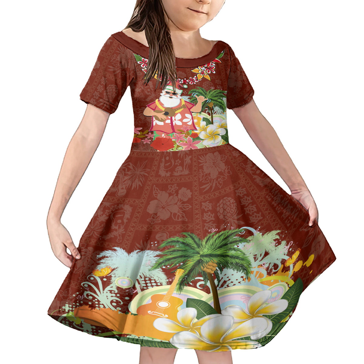 Hawaii Honu Mele Kalikimaka Family Matching Off Shoulder Maxi Dress and Hawaiian Shirt Santa Tropical Flower Aloha Summer Red Version LT03 Daughter's Dress Red - Polynesian Pride