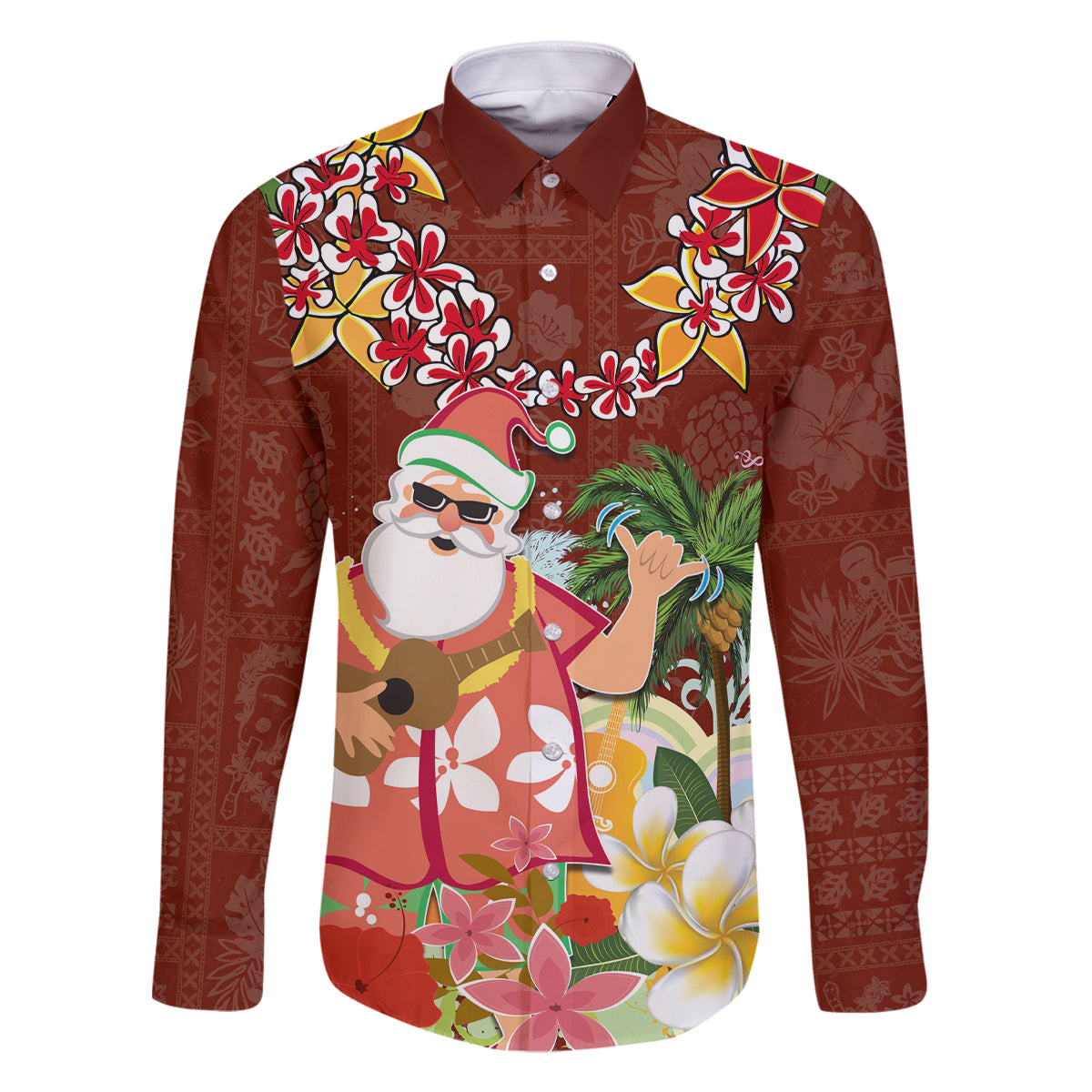 Hawaii Honu Mele Kalikimaka Family Matching Off Shoulder Maxi Dress and Hawaiian Shirt Santa Tropical Flower Aloha Summer Red Version LT03 Dad's Shirt - Long Sleeve Red - Polynesian Pride