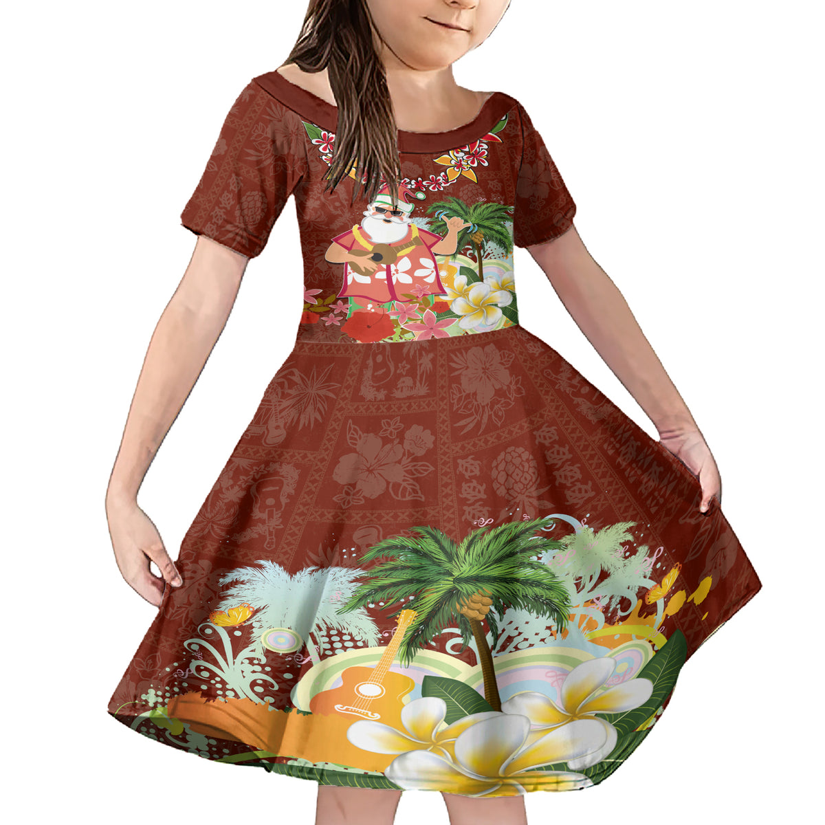 Hawaii Honu Mele Kalikimaka Family Matching Short Sleeve Bodycon Dress and Hawaiian Shirt Santa Tropical Flower Aloha Summer Red Version LT03 Daughter's Dress Red - Polynesian Pride