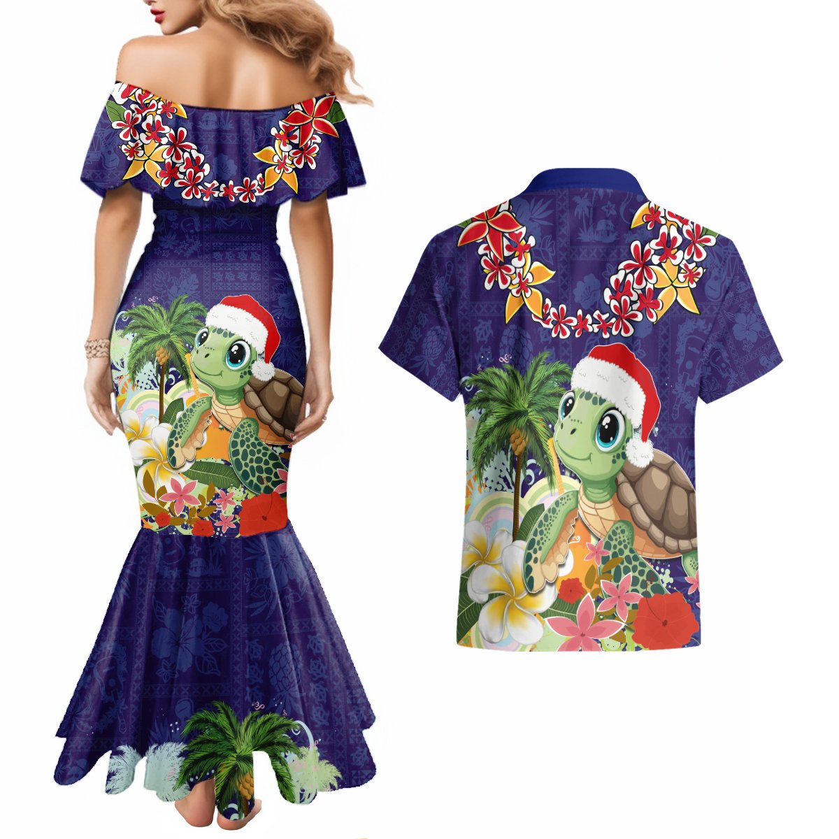 Hawaii Honu Mele Kalikimaka Couples Matching Mermaid Dress and Hawaiian Shirt Santa Tropical Flower Aloha Summer Blue Version LT03 - Polynesian Pride