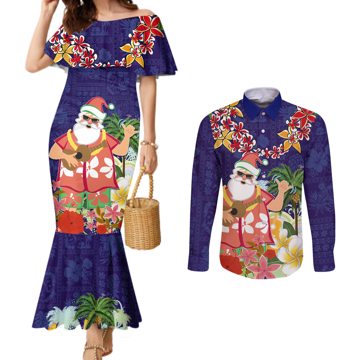 Hawaii Honu Mele Kalikimaka Couples Matching Mermaid Dress and Long Sleeve Button Shirt Santa Tropical Flower Aloha Summer Blue Version LT03 Blue - Polynesian Pride