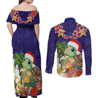 Hawaii Honu Mele Kalikimaka Couples Matching Off Shoulder Maxi Dress and Long Sleeve Button Shirt Santa Tropical Flower Aloha Summer Blue Version LT03 - Polynesian Pride