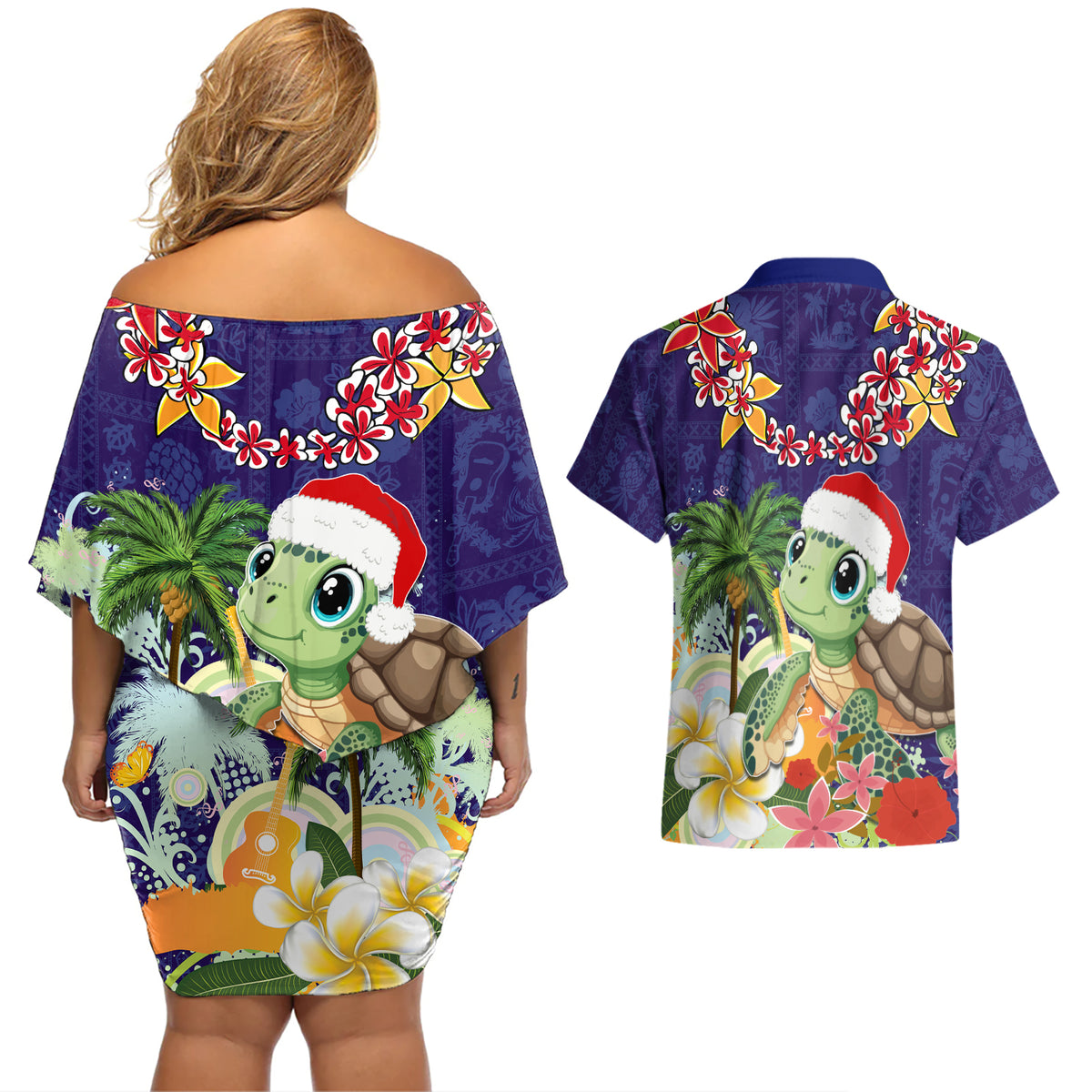 Hawaii Honu Mele Kalikimaka Couples Matching Off Shoulder Short Dress and Hawaiian Shirt Santa Tropical Flower Aloha Summer Blue Version LT03 - Polynesian Pride