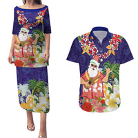 Hawaii Honu Mele Kalikimaka Couples Matching Puletasi Dress and Hawaiian Shirt Santa Tropical Flower Aloha Summer Blue Version LT03 Blue - Polynesian Pride