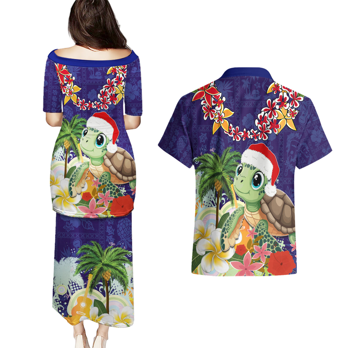 Hawaii Honu Mele Kalikimaka Couples Matching Puletasi Dress and Hawaiian Shirt Santa Tropical Flower Aloha Summer Blue Version LT03 - Polynesian Pride