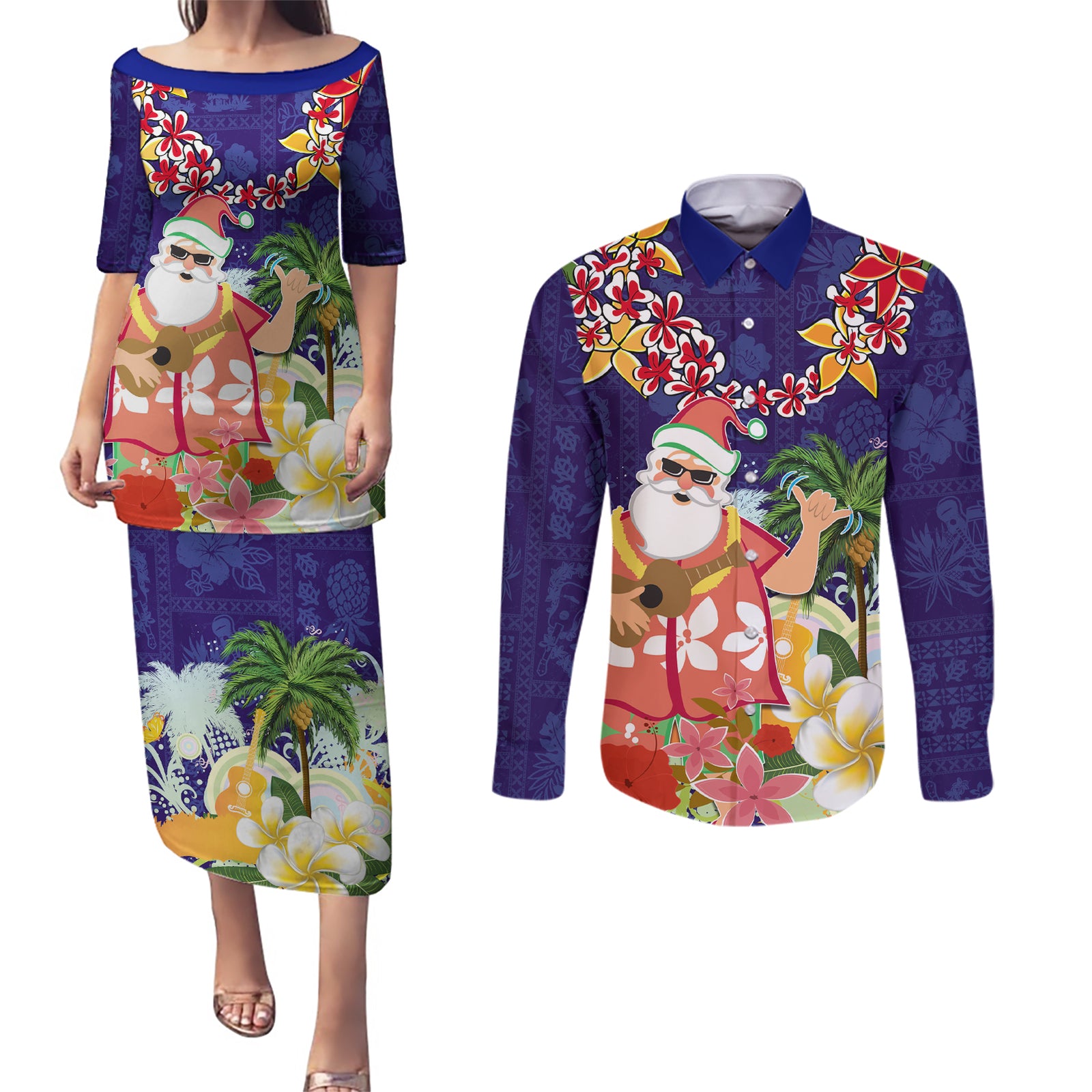 Hawaii Honu Mele Kalikimaka Couples Matching Puletasi Dress and Long Sleeve Button Shirt Santa Tropical Flower Aloha Summer Blue Version LT03 Blue - Polynesian Pride