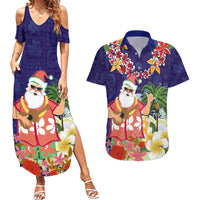 Hawaii Honu Mele Kalikimaka Couples Matching Summer Maxi Dress and Hawaiian Shirt Santa Tropical Flower Aloha Summer Blue Version LT03 Blue - Polynesian Pride