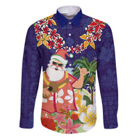 Hawaii Honu Mele Kalikimaka Family Matching Long Sleeve Bodycon Dress and Hawaiian Shirt Santa Tropical Flower Aloha Summer Blue Version LT03 Dad's Shirt - Long Sleeve Blue - Polynesian Pride