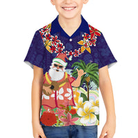 Hawaii Honu Mele Kalikimaka Family Matching Off Shoulder Maxi Dress and Hawaiian Shirt Santa Tropical Flower Aloha Summer Blue Version LT03 Son's Shirt Blue - Polynesian Pride