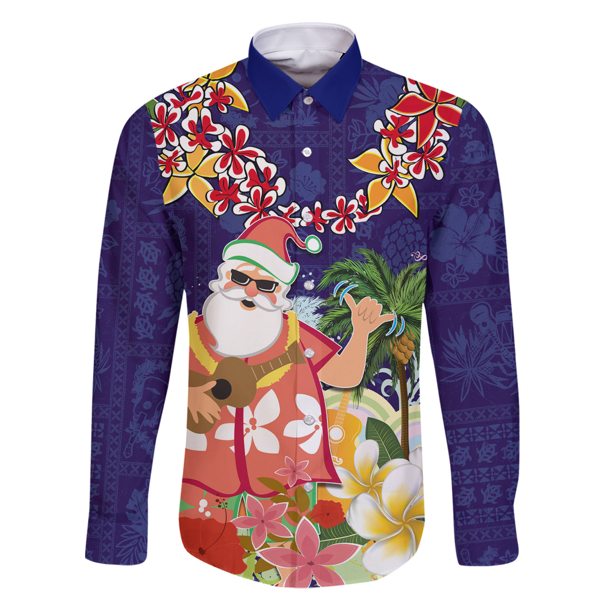 Hawaii Honu Mele Kalikimaka Family Matching Puletasi Dress and Hawaiian Shirt Santa Tropical Flower Aloha Summer Blue Version LT03 Dad's Shirt - Long Sleeve Blue - Polynesian Pride