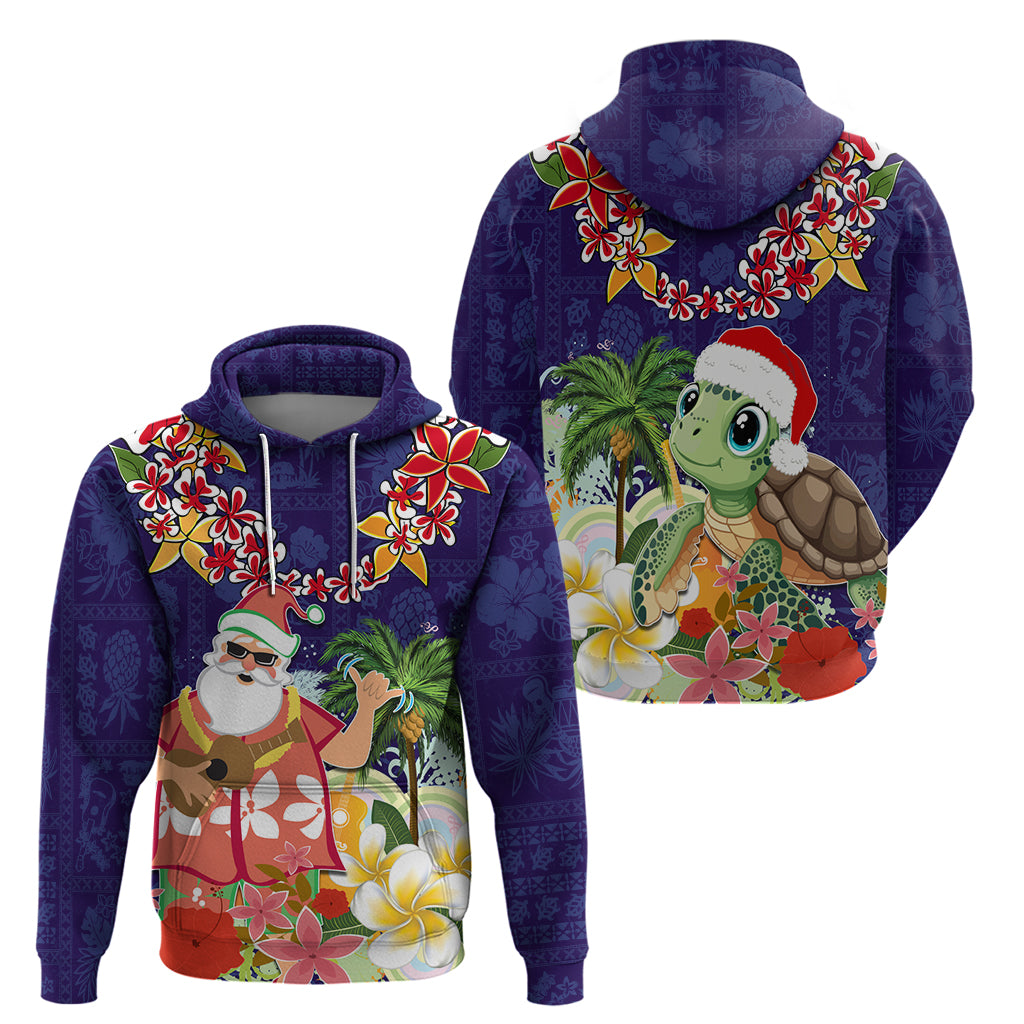 Hawaii Honu Mele Kalikimaka Hoodie Santa Tropical Flower Aloha Summer Blue Version LT03 - Polynesian Pride