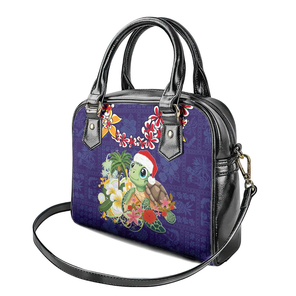 Hawaii Honu Mele Kalikimaka Shoulder Handbag Santa Tropical Flower Aloha Summer Blue Version LT03 - Polynesian Pride