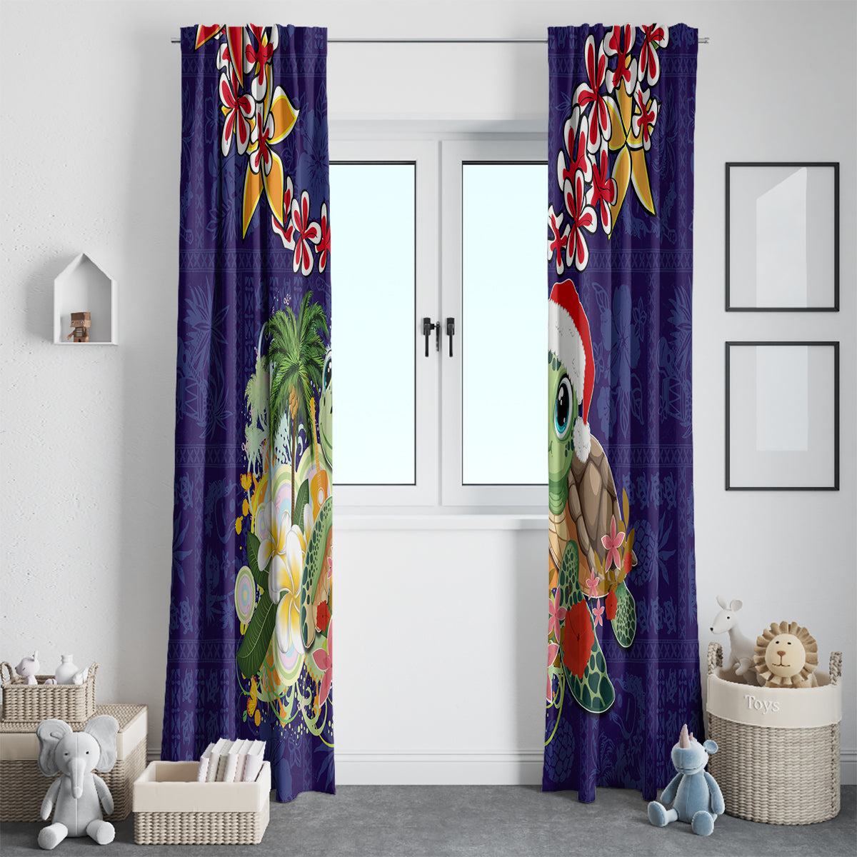 Hawaii Honu Mele Kalikimaka Window Curtain Santa Tropical Flower Aloha Summer Blue Version LT03 - Polynesian Pride