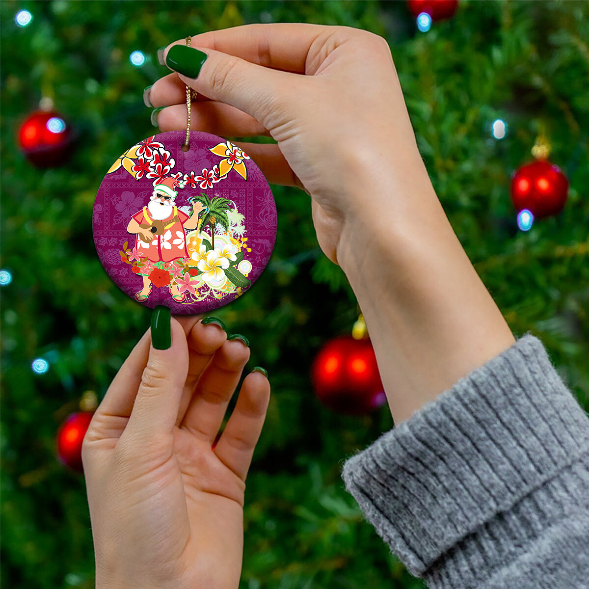 Hawaii Honu Mele Kalikimaka Ceramic Ornament Santa Tropical Flower Aloha Summer Pink Version LT03 - Polynesian Pride