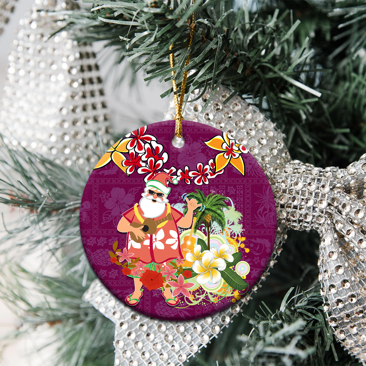 Hawaii Honu Mele Kalikimaka Ceramic Ornament Santa Tropical Flower Aloha Summer Pink Version LT03 - Polynesian Pride