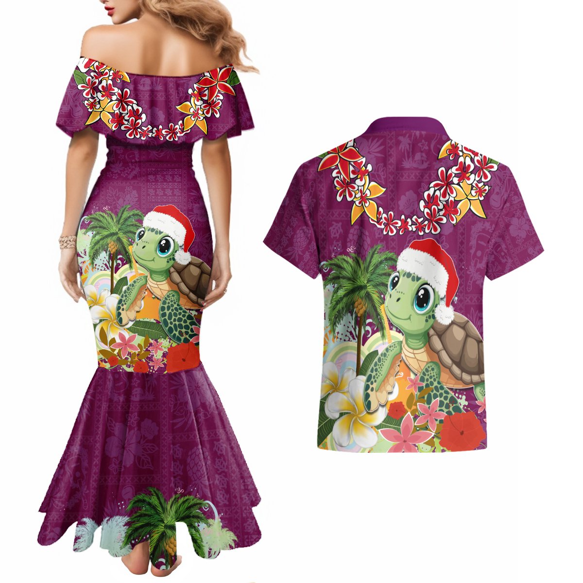 Hawaii Honu Mele Kalikimaka Couples Matching Mermaid Dress and Hawaiian Shirt Santa Tropical Flower Aloha Summer Pink Version LT03 - Polynesian Pride