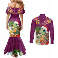Hawaii Honu Mele Kalikimaka Couples Matching Mermaid Dress and Long Sleeve Button Shirt Santa Tropical Flower Aloha Summer Pink Version LT03 - Polynesian Pride