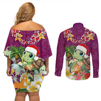 Hawaii Honu Mele Kalikimaka Couples Matching Off Shoulder Short Dress and Long Sleeve Button Shirt Santa Tropical Flower Aloha Summer Pink Version LT03 - Polynesian Pride
