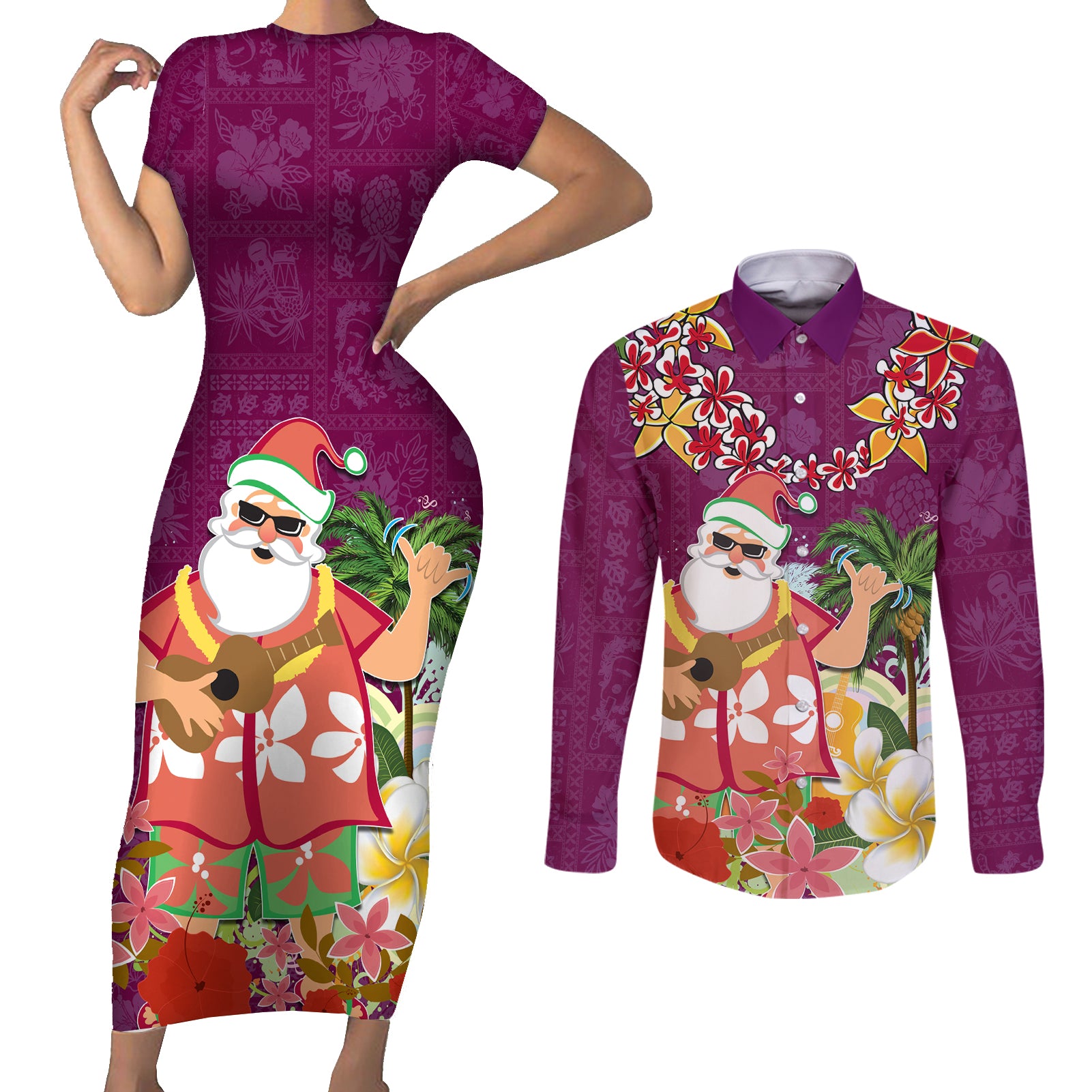 Hawaii Honu Mele Kalikimaka Couples Matching Short Sleeve Bodycon Dress and Long Sleeve Button Shirt Santa Tropical Flower Aloha Summer Pink Version LT03 Pink - Polynesian Pride