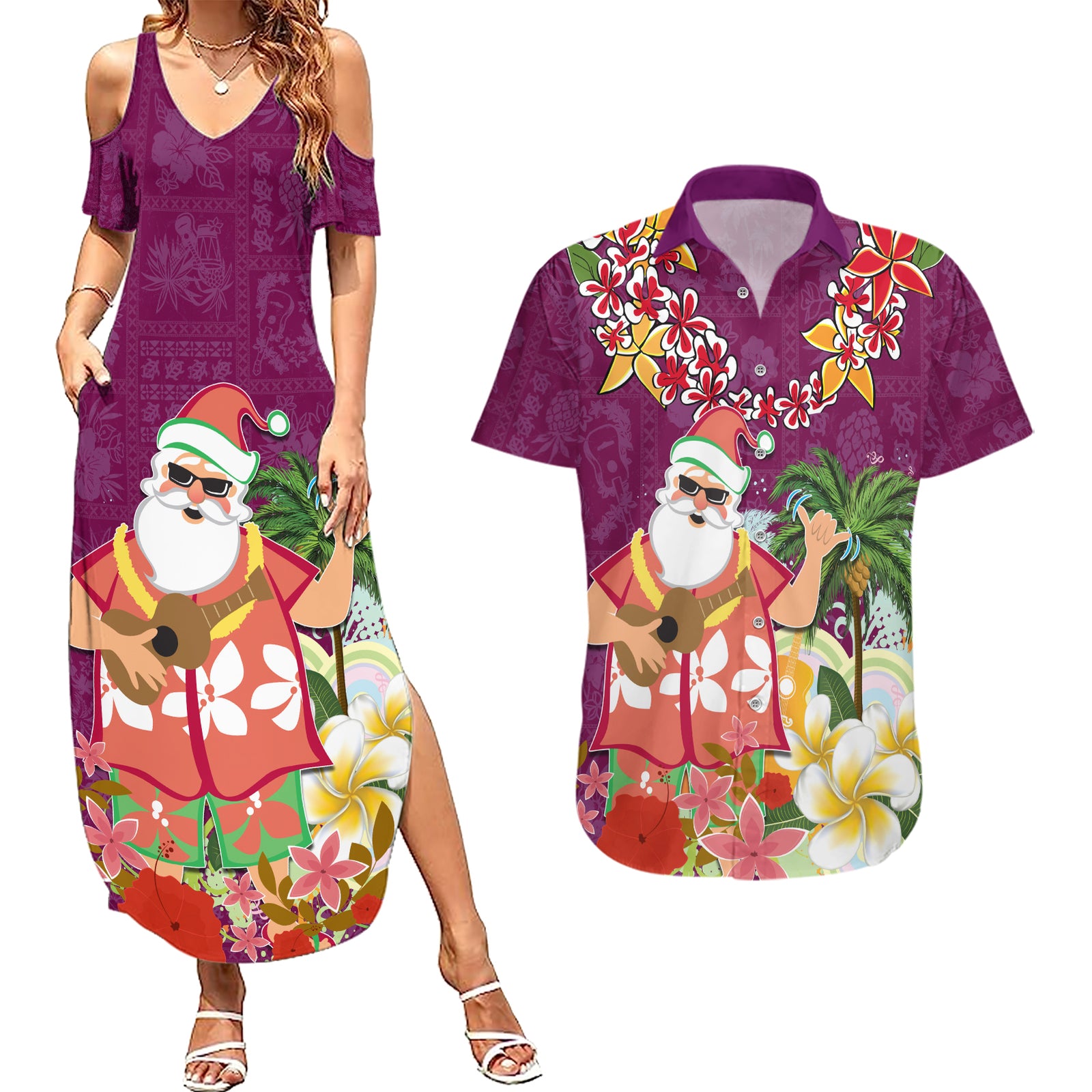 Hawaii Honu Mele Kalikimaka Couples Matching Summer Maxi Dress and Hawaiian Shirt Santa Tropical Flower Aloha Summer Pink Version LT03 Pink - Polynesian Pride