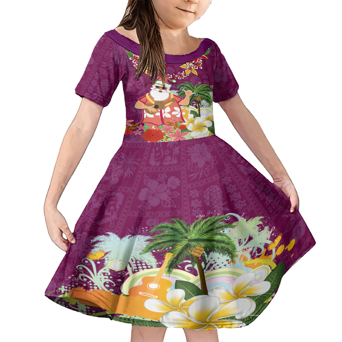 Hawaii Honu Mele Kalikimaka Family Matching Off Shoulder Maxi Dress and Hawaiian Shirt Santa Tropical Flower Aloha Summer Pink Version LT03 Daughter's Dress Pink - Polynesian Pride