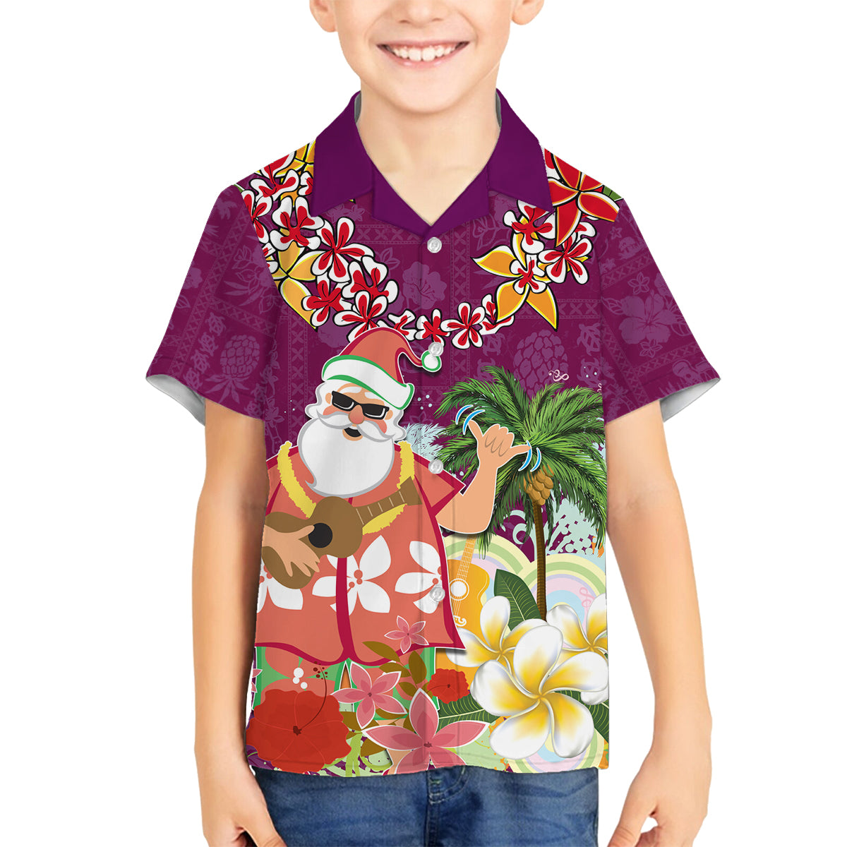 Hawaii Honu Mele Kalikimaka Family Matching Off Shoulder Maxi Dress and Hawaiian Shirt Santa Tropical Flower Aloha Summer Pink Version LT03 Son's Shirt Pink - Polynesian Pride