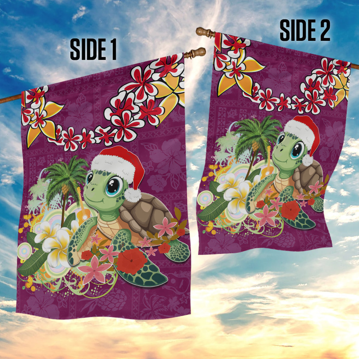 Hawaii Honu Mele Kalikimaka Garden Flag Santa Tropical Flower Aloha Summer Pink Version LT03 - Polynesian Pride