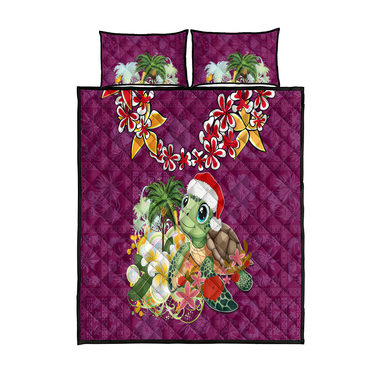 Hawaii Honu Mele Kalikimaka Quilt Bed Set Santa Tropical Flower Aloha Summer Pink Version LT03 Pink - Polynesian Pride