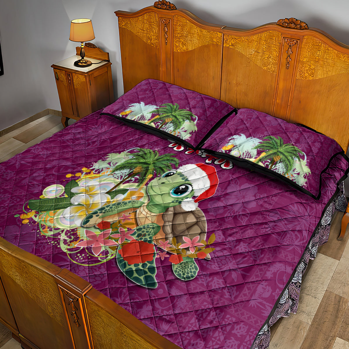 Hawaii Honu Mele Kalikimaka Quilt Bed Set Santa Tropical Flower Aloha Summer Pink Version LT03 - Polynesian Pride