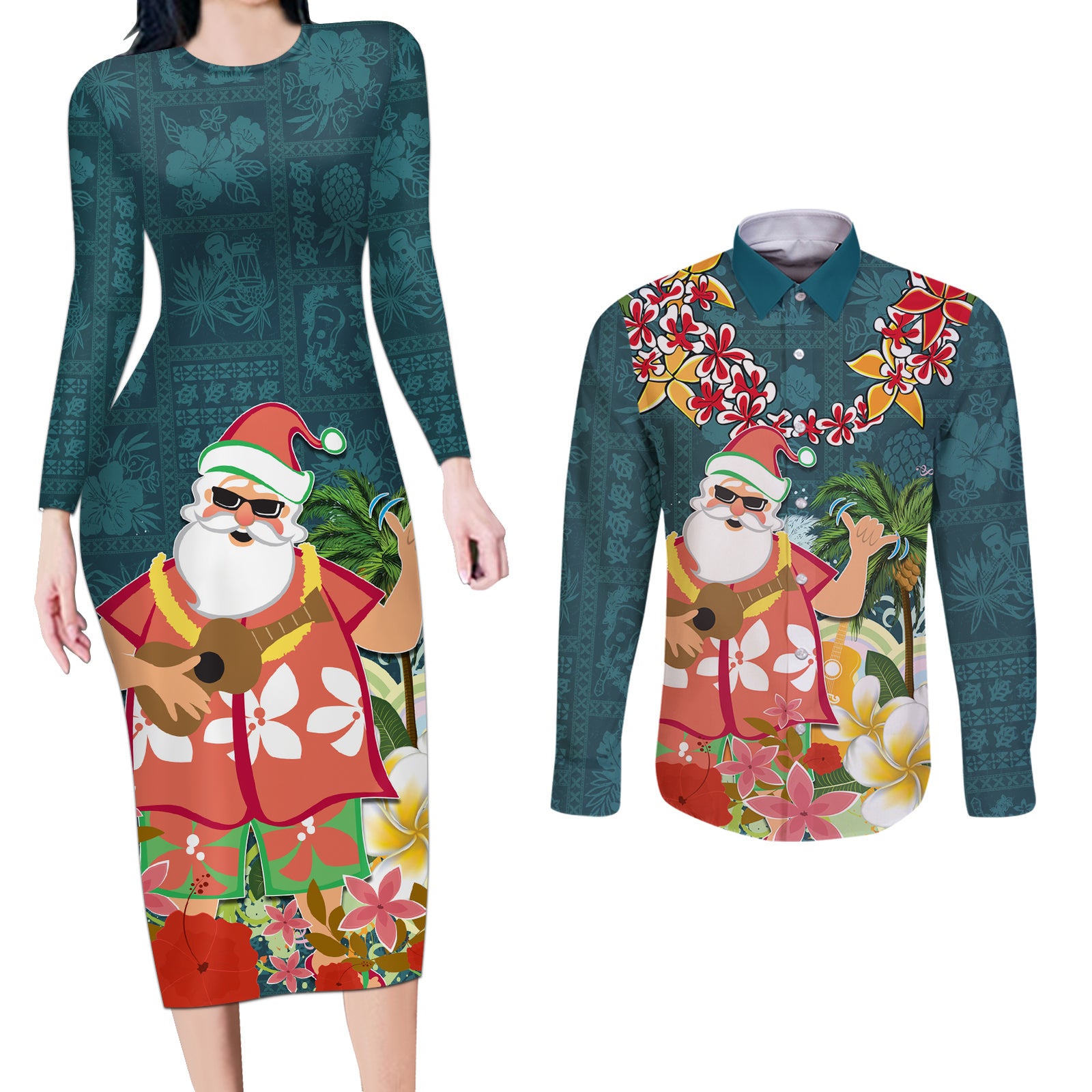 Hawaii Honu Mele Kalikimaka Couples Matching Long Sleeve Bodycon Dress and Long Sleeve Button Shirt Santa Tropical Flower Aloha Summer Turquoise Version LT03 Turquoise - Polynesian Pride
