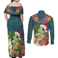 Hawaii Honu Mele Kalikimaka Couples Matching Off Shoulder Maxi Dress and Long Sleeve Button Shirt Santa Tropical Flower Aloha Summer Turquoise Version LT03 - Polynesian Pride