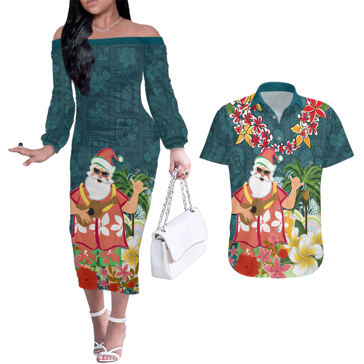 Hawaii Honu Mele Kalikimaka Couples Matching Off The Shoulder Long Sleeve Dress and Hawaiian Shirt Santa Tropical Flower Aloha Summer Turquoise Version LT03 Turquoise - Polynesian Pride