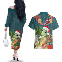 Hawaii Honu Mele Kalikimaka Couples Matching Off The Shoulder Long Sleeve Dress and Hawaiian Shirt Santa Tropical Flower Aloha Summer Turquoise Version LT03 - Polynesian Pride