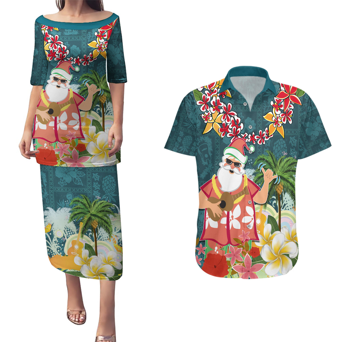 Hawaii Honu Mele Kalikimaka Couples Matching Puletasi Dress and Hawaiian Shirt Santa Tropical Flower Aloha Summer Turquoise Version LT03 Turquoise - Polynesian Pride