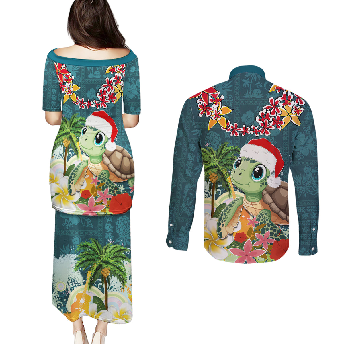Hawaii Honu Mele Kalikimaka Couples Matching Puletasi Dress and Long Sleeve Button Shirt Santa Tropical Flower Aloha Summer Turquoise Version LT03 - Polynesian Pride