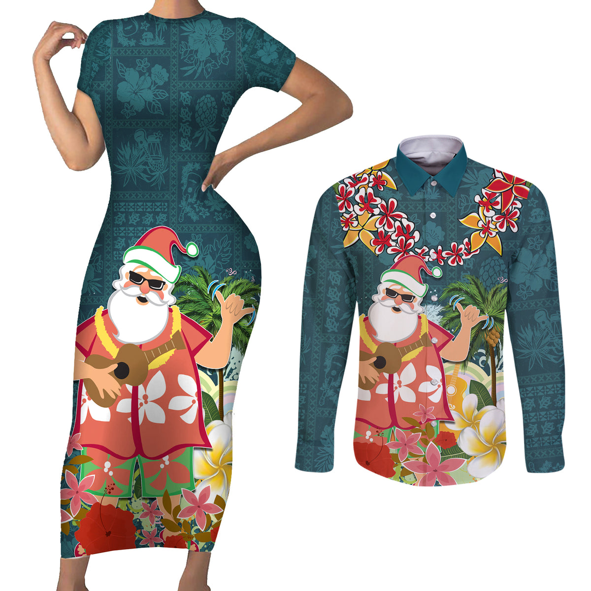 Hawaii Honu Mele Kalikimaka Couples Matching Short Sleeve Bodycon Dress and Long Sleeve Button Shirt Santa Tropical Flower Aloha Summer Turquoise Version LT03 Turquoise - Polynesian Pride