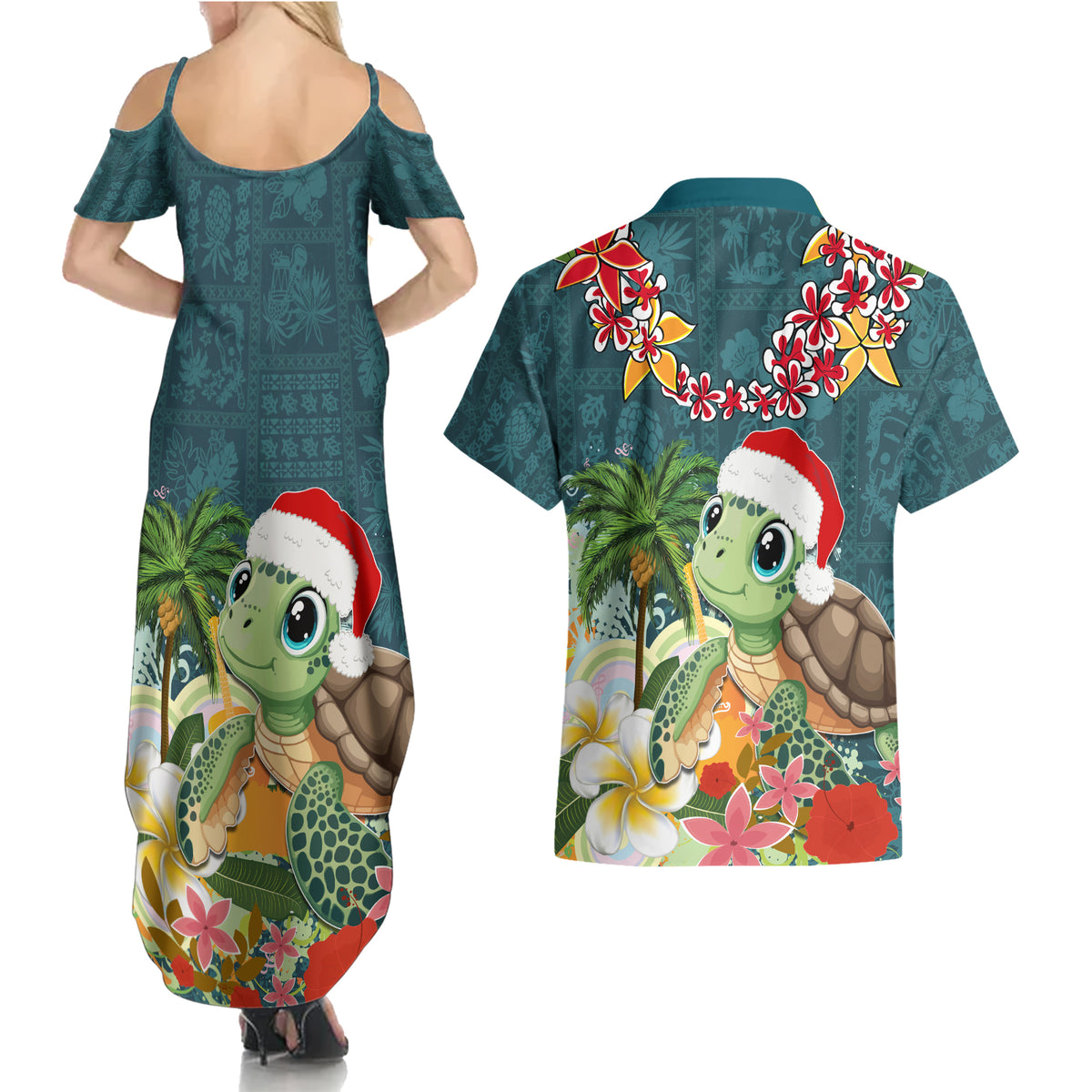 Hawaii Honu Mele Kalikimaka Couples Matching Summer Maxi Dress and Hawaiian Shirt Santa Tropical Flower Aloha Summer Turquoise Version LT03 - Polynesian Pride