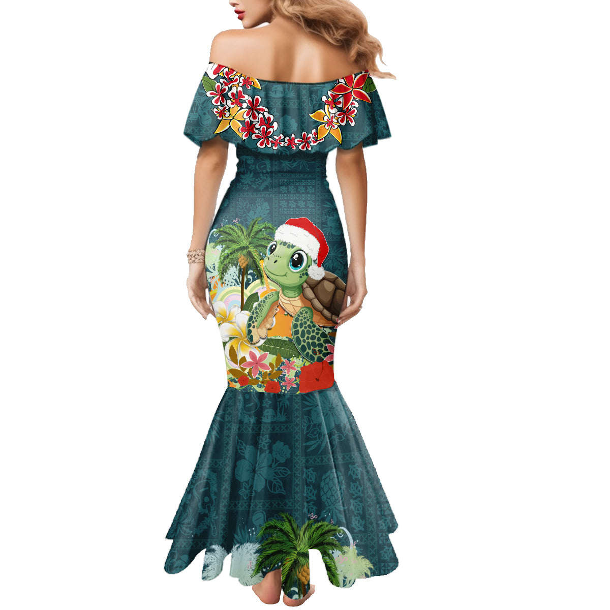 Hawaii Honu Mele Kalikimaka Family Matching Mermaid Dress and Hawaiian Shirt Santa Tropical Flower Aloha Summer Turquoise Version LT03 - Polynesian Pride