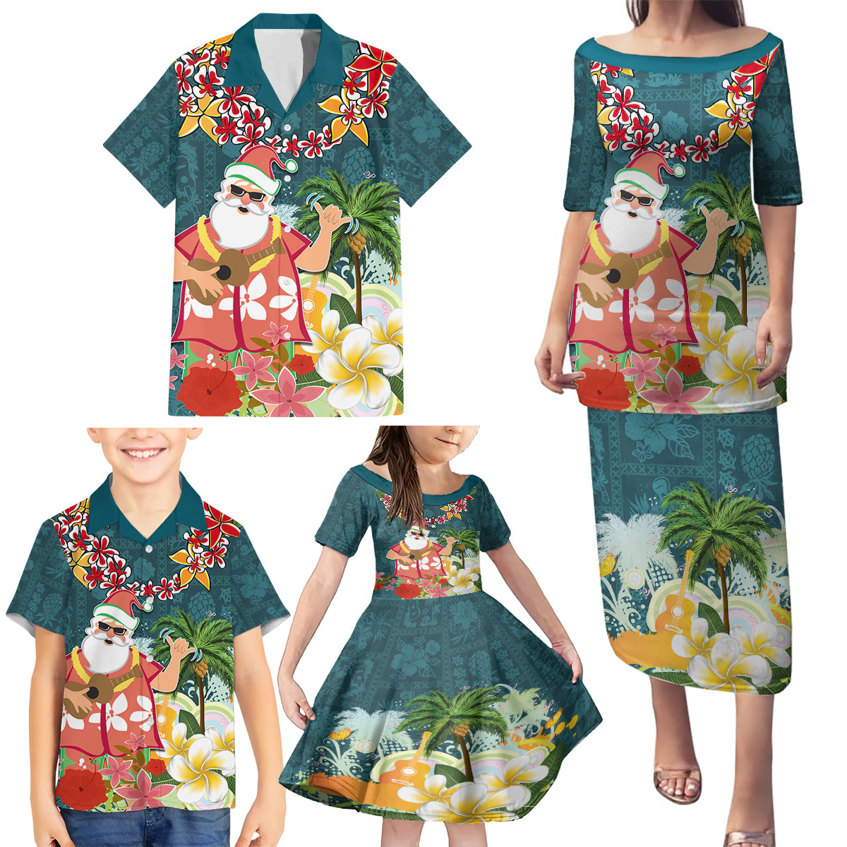 Hawaii Honu Mele Kalikimaka Family Matching Puletasi Dress and Hawaiian Shirt Santa Tropical Flower Aloha Summer Turquoise Version LT03 - Polynesian Pride