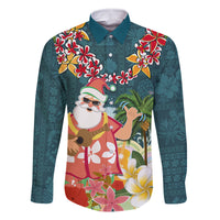 Hawaii Honu Mele Kalikimaka Family Matching Summer Maxi Dress and Hawaiian Shirt Santa Tropical Flower Aloha Summer Turquoise Version LT03 Dad's Shirt - Long Sleeve Turquoise - Polynesian Pride