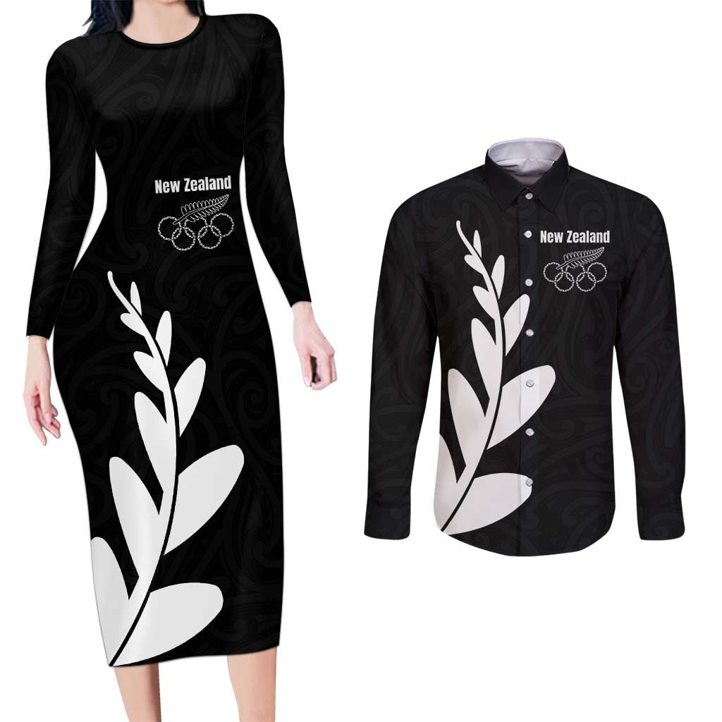 Personalised New Zealand Canoeing Special Jersey Couples Matching Long Sleeve Bodycon Dress and Long Sleeve Button Shirt LT03 Black - Polynesian Pride