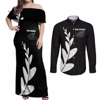Personalised New Zealand Canoeing Special Jersey Couples Matching Off Shoulder Maxi Dress and Long Sleeve Button Shirt LT03 Black - Polynesian Pride