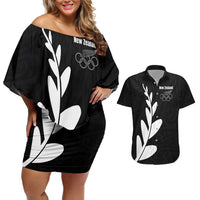 Personalised New Zealand Canoeing Special Jersey Couples Matching Off Shoulder Short Dress and Hawaiian Shirt LT03 Black - Polynesian Pride
