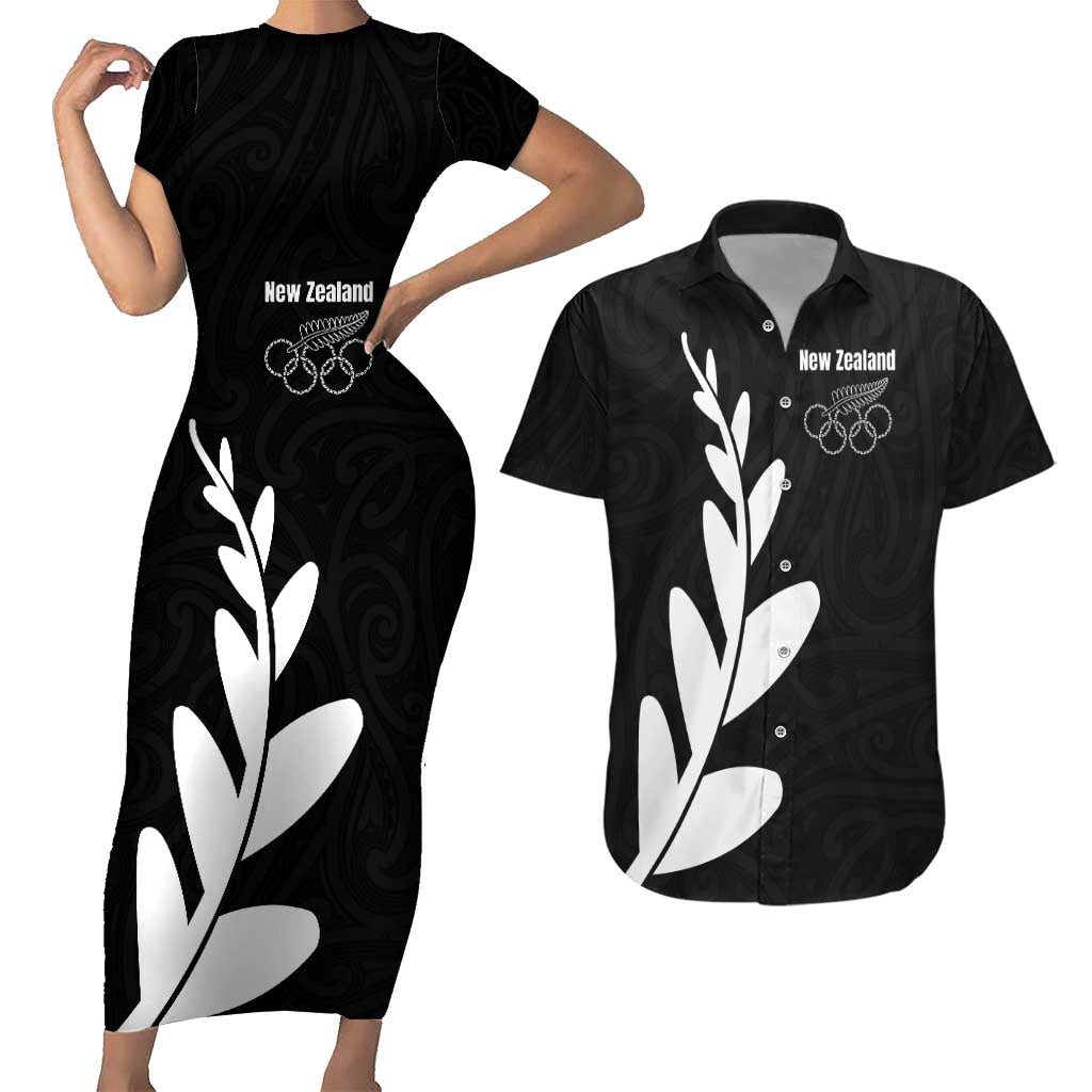 Personalised New Zealand Canoeing Special Jersey Couples Matching Short Sleeve Bodycon Dress and Hawaiian Shirt LT03 Black - Polynesian Pride