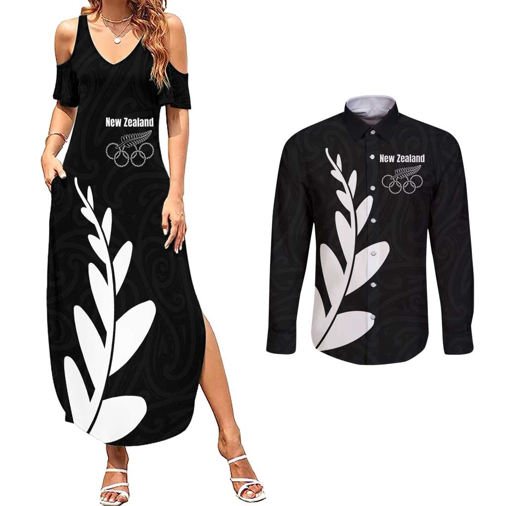 Personalised New Zealand Canoeing Special Jersey Couples Matching Summer Maxi Dress and Long Sleeve Button Shirt LT03 Black - Polynesian Pride