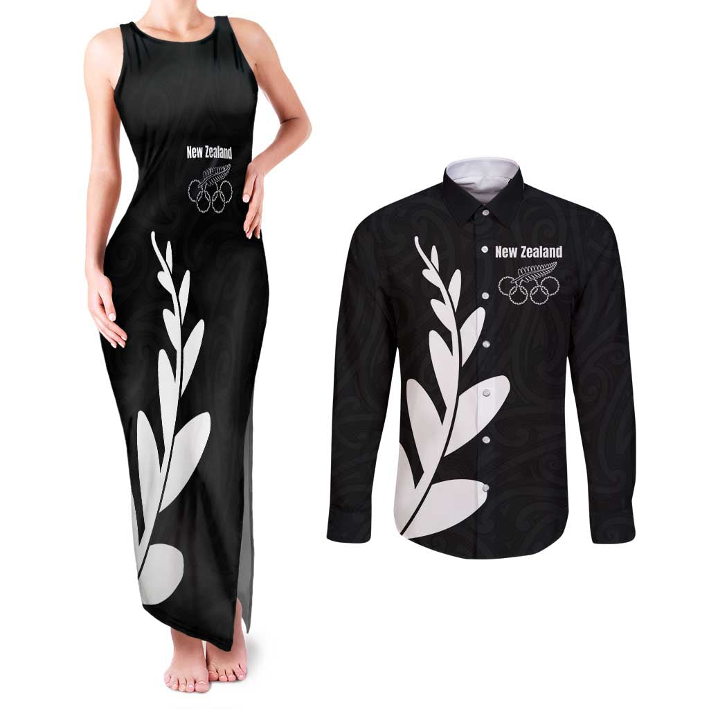 Personalised New Zealand Canoeing Special Jersey Couples Matching Tank Maxi Dress and Long Sleeve Button Shirt LT03 Black - Polynesian Pride