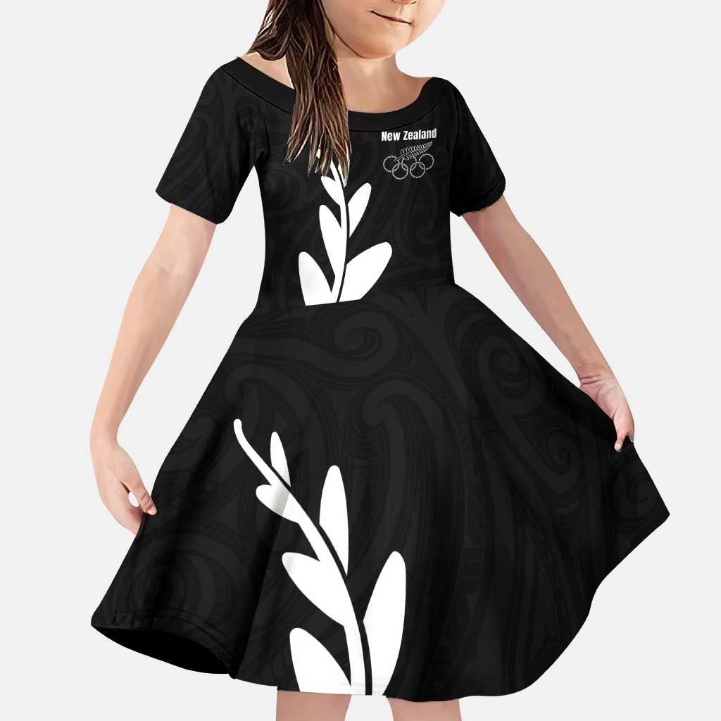 Personalised New Zealand Canoeing Special Jersey Family Matching Puletasi and Hawaiian Shirt LT03 Daughter's Dress Black - Polynesian Pride