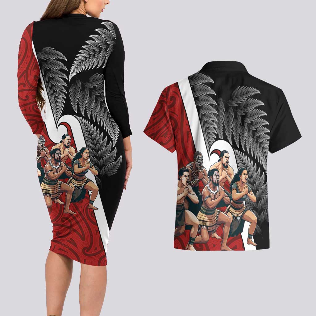 New Zealand Te Matatini Couples Matching Long Sleeve Bodycon Dress and Hawaiian Shirt Kapa Haka and Silver Fern - Maori Art Pattern LT03 - Polynesian Pride